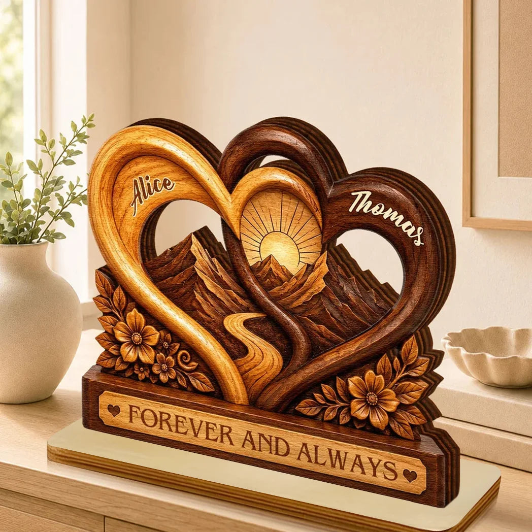 Personalized 2-Layer Wooden Plaque, Intertwined Hearts & Mountain Sunrise, Unique Gift for Couples