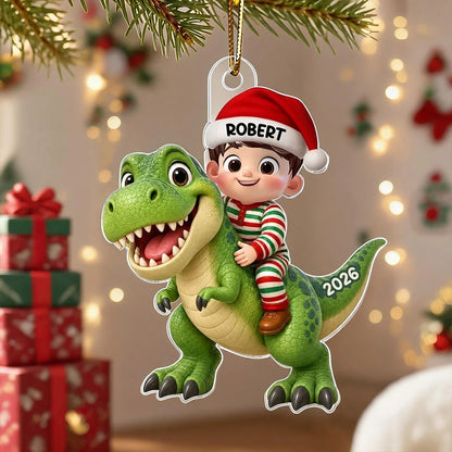 Personalized Acrylic Ornament, Festive Child Riding a Green Dinosaur, Creative Keepsake Gift for Grandkids