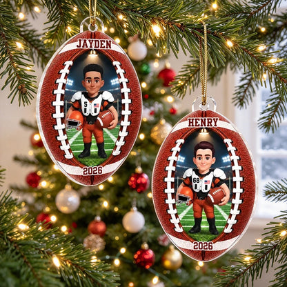 Personalized Acrylic Ornament, Custom Football Player on Stadium Field, Unique Christmas Gift for Son