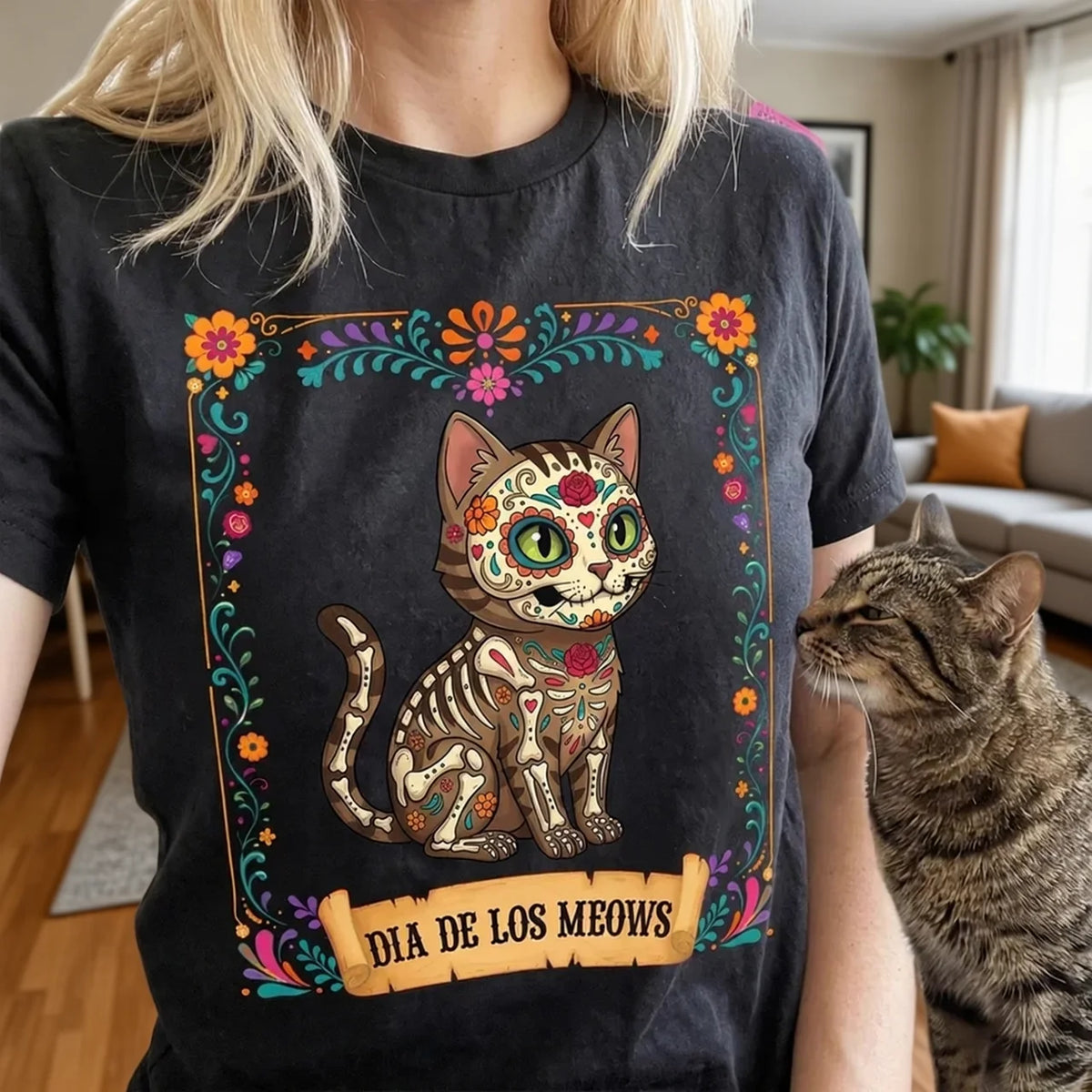 Custom Classic Tee With Colorful Sugar Skull Cat Design, Creative Gift For Pet Owner And Everyday Wear