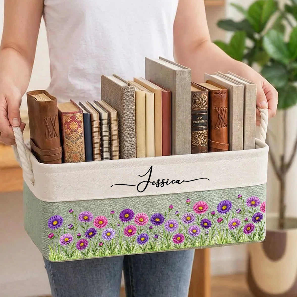 Cotton Linen Rope Basket With Soft Floral Garden Art, Unique Personalized Creative Gift For A Loved One
