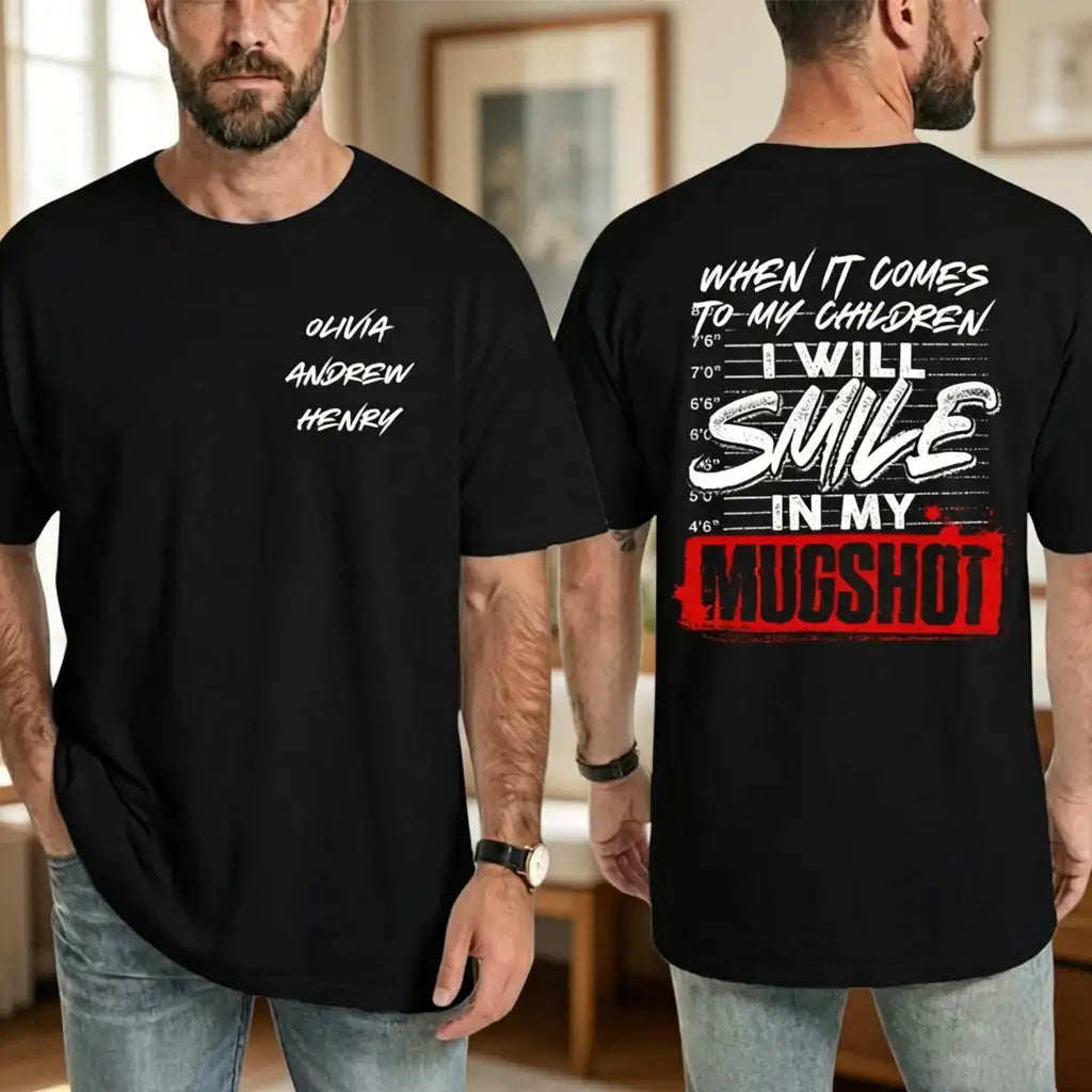 Personalized Smile In My Mugshot Dual Print Classic Tee, Protective Parent Humor, Creative Gift for Dad