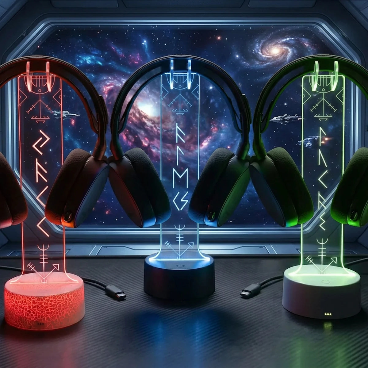 LED Acrylic Headphone Stand with Custom Viking Rune Glow, Unique Creative Gift for Norse Mythology Fans