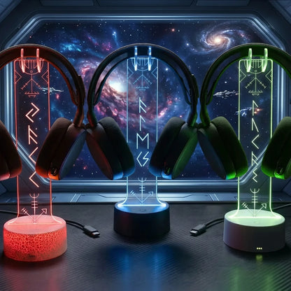 LED Acrylic Headphone Stand with Custom Viking Rune Glow, Unique Creative Gift for Norse Mythology Fans