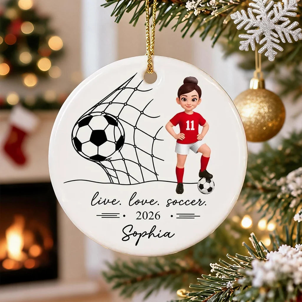 Ceramic Ornament, Cartoon Soccer Girl Posing by Goal, Personalized Keepsake, Creative Christmas Gift for Soccer Player