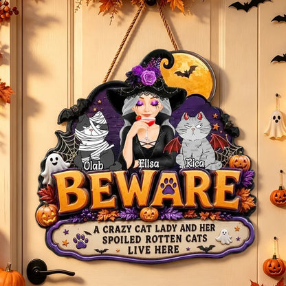 Personalized Wooden Sign, Crazy Cat Lady Halloween Witch & Cats Decor, Unique Creative Gift for Cat Lovers