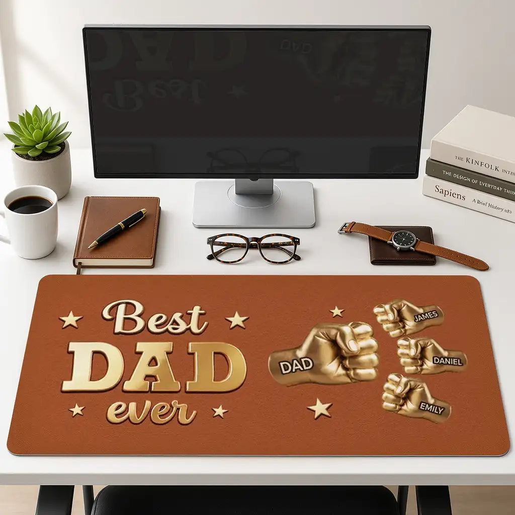 Best Dad Ever Leather Desk Mat, Custom Gold Fist Bump Design, Creative Gift for Dad