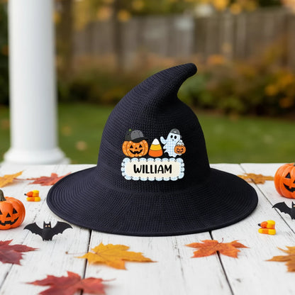 Personalized Knitted Witch Hat, Black and Orange Spooky Character Design, Unique Halloween Gift for a Young Witch