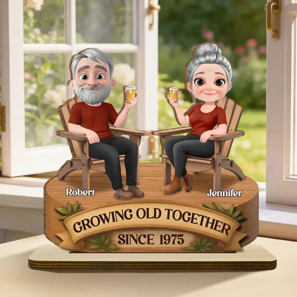 Growing Old Together 2-Layer Wooden Plaque, Seated Couple Toasting, Unique Gift for Husband & Wife