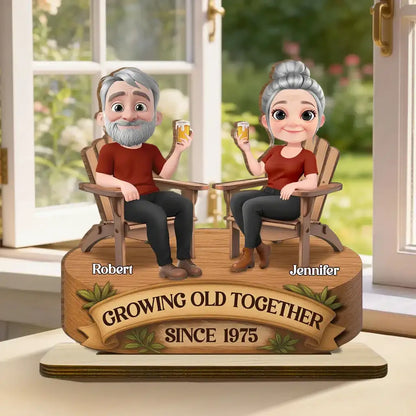 Growing Old Together 2-Layer Wooden Plaque, Seated Couple Toasting, Unique Gift for Husband & Wife