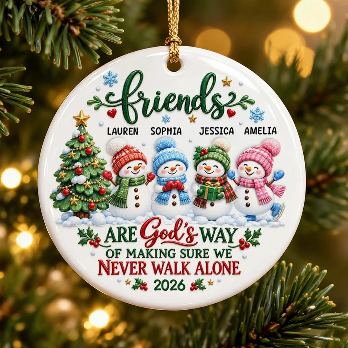 Personalized Ceramic Ornament, Snowman Friends by a Christmas Tree, Unique Gift for Best Friend