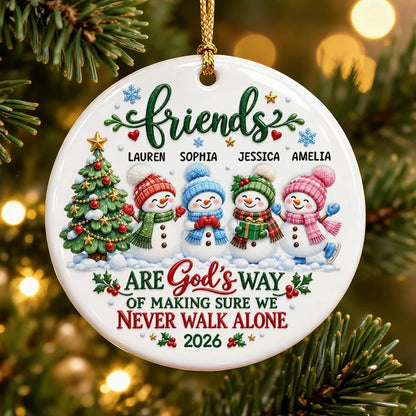 Personalized Ceramic Ornament, Snowman Friends by a Christmas Tree, Unique Gift for Best Friend