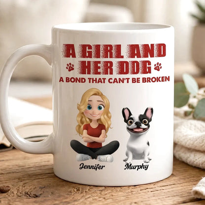 Personalized Ceramic Mug, Girl Sitting Beside Her Dog, Unbreakable Bond Quote, Creative Gift for Dog Lovers