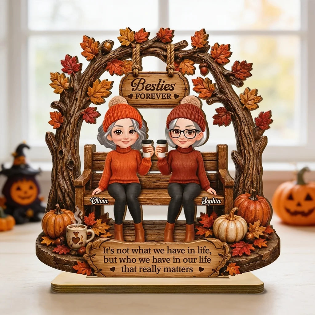 Personalized Layered Wooden Plaque, Rustic Autumn Friends Sharing Coffee, Unique Gift for a Best Friend
