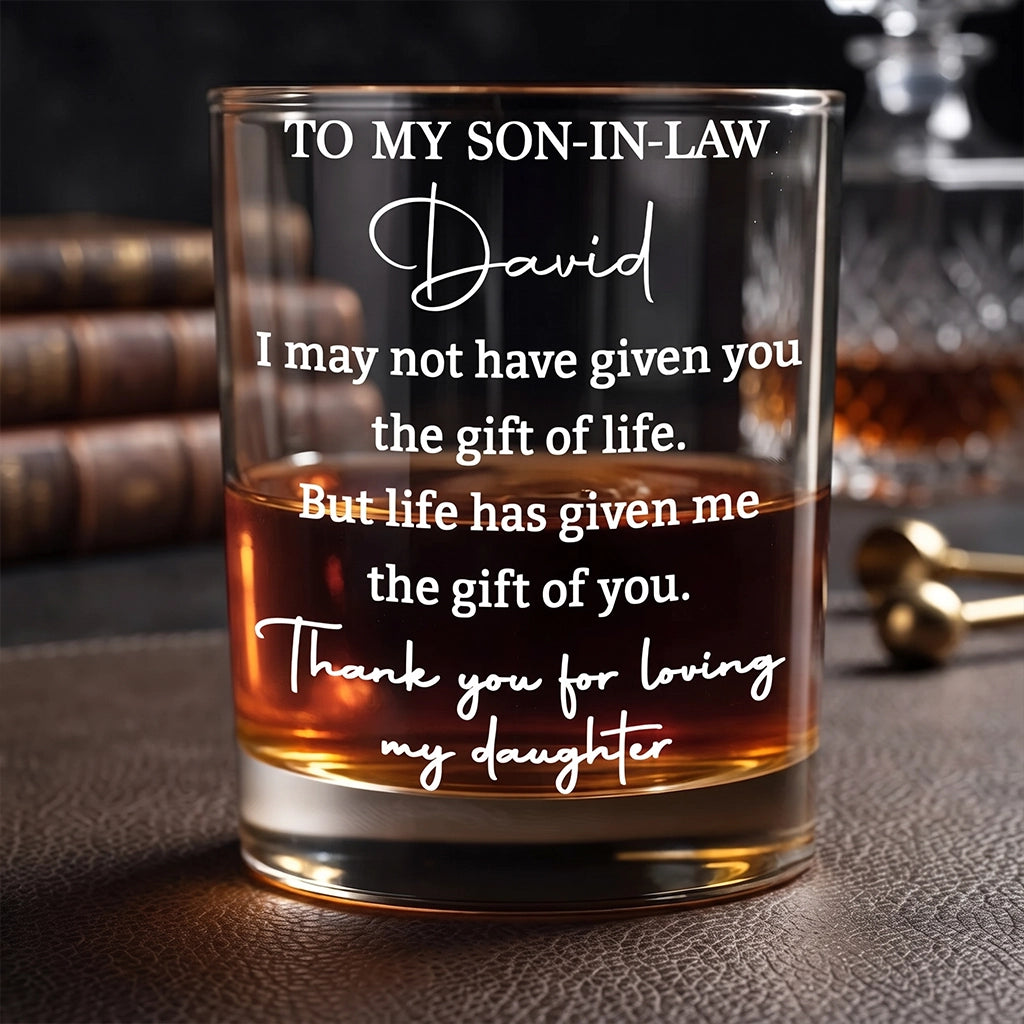 Personalized Whiskey Glass for Son-in-Law, White Script Quote, Unique Family Gift