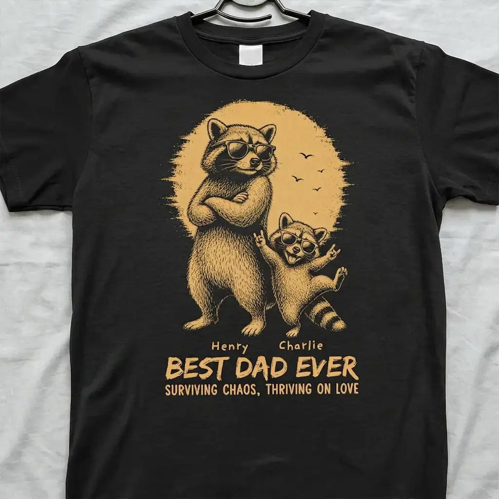Personalized Classic Tee With Sunglasses Raccoon Dad & Kid Art, Unique Father's Day Gift for Dad