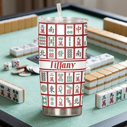Personalized Insulated Travel Tumbler with Colorful Mahjong Tiles, Unique Gift for Mahjong Lovers