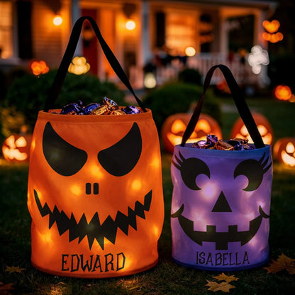 Personalized LED Light Up Fabric Basket, Glowing Pumpkin Face Trick-or-Treat Keepsake, Creative Gift for Kids