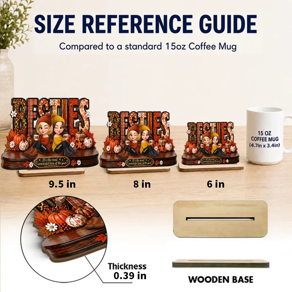 Personalized 2-Layer Wooden Plaque, Sitting Besties with Coffee, Unique Fall Gift for Close Friend