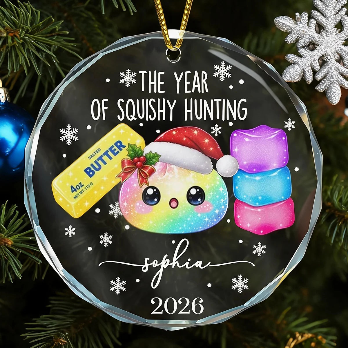 Personalized Crystal Ornament, Rainbow Squishy in Santa Hat, Cute Unique Christmas Gift for Squishy Fans
