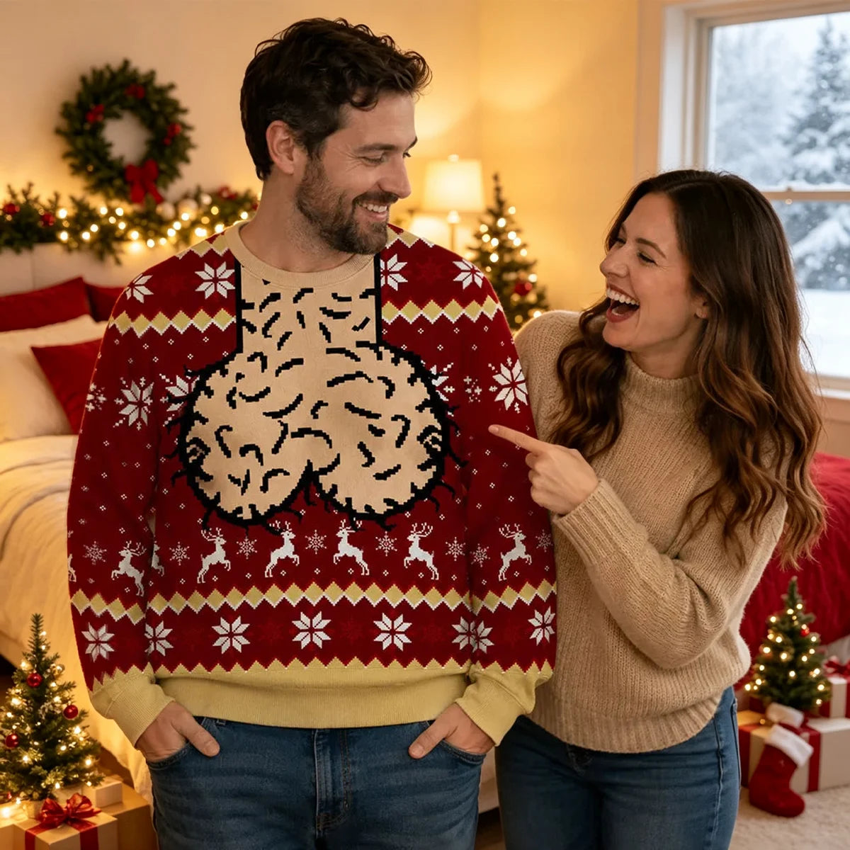Funny Christmas Printed Sweatshirt, Personalized Reindeer Design, Creative Gift for Him and Shared Laughs