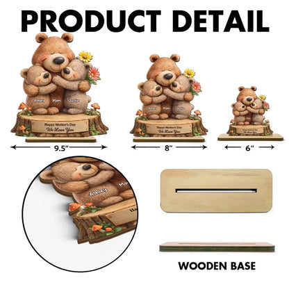 Personalized 2-Layer Wooden Plaque with Hugging Bear Mom and Child, Mother's Day Living Room Display, Unique Gift for Mom