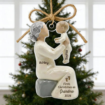 Personalized Wooden Ornament, Mom Holding Baby Sculpted Keepsake, Warm Neutral Rustic Decor, Unique Gift for New Mom or Grandma