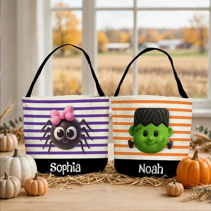 Personalized Polyester Basket Tote with Cute Spider or Green Monster, Unique Halloween Gift for Kids