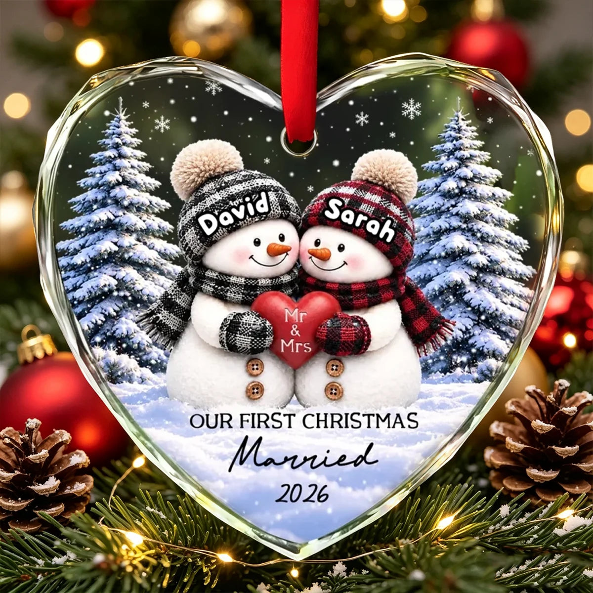 Personalized Crystal Heart Ornament, Snowman Couple Holding a Heart in Snowy Forest, Unique Christmas Gift for Newlyweds