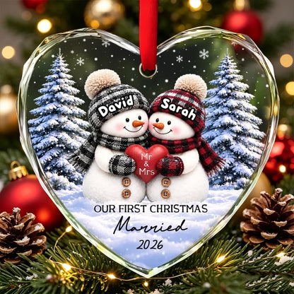 Personalized Crystal Heart Ornament, Snowman Couple Holding a Heart in Snowy Forest, Unique Christmas Gift for Newlyweds