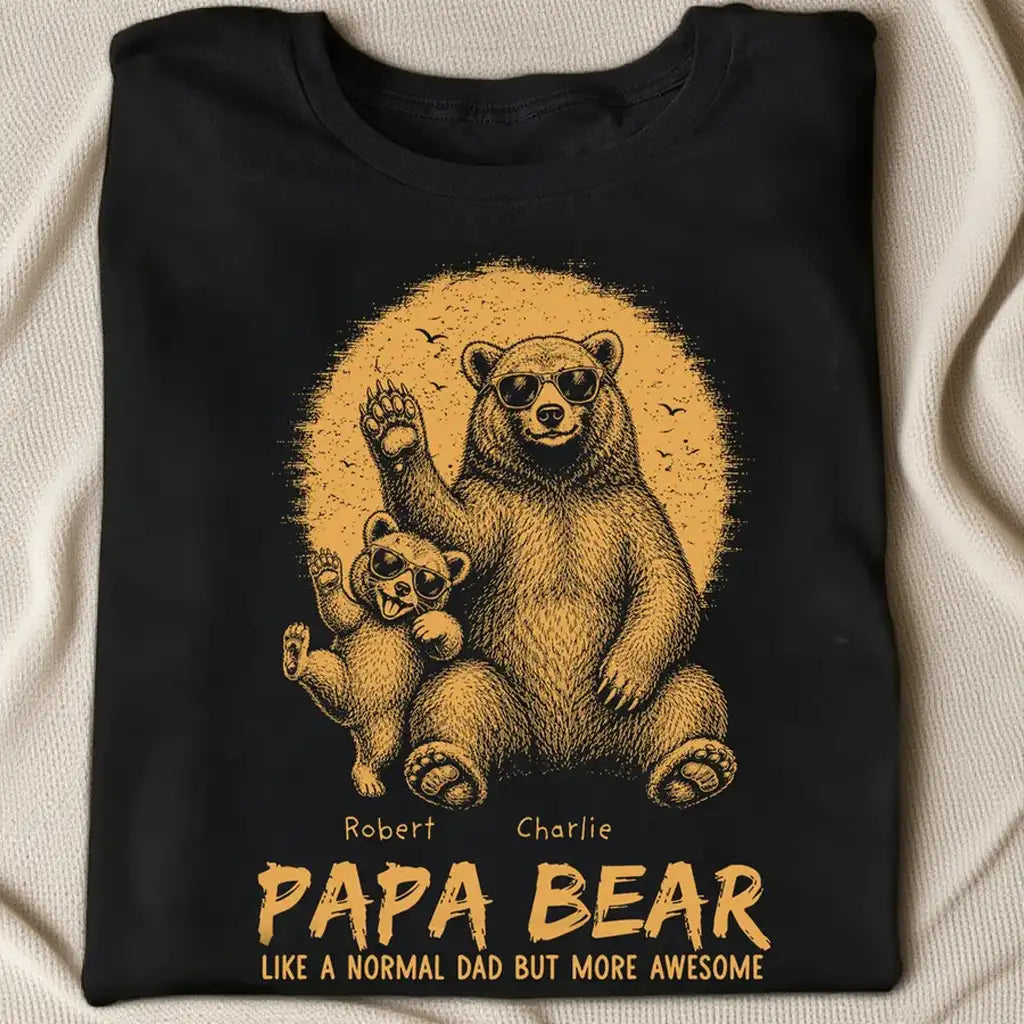 Personalized Classic Tee With Waving Papa Bear Art, Unique Father's Day Gift For Dad