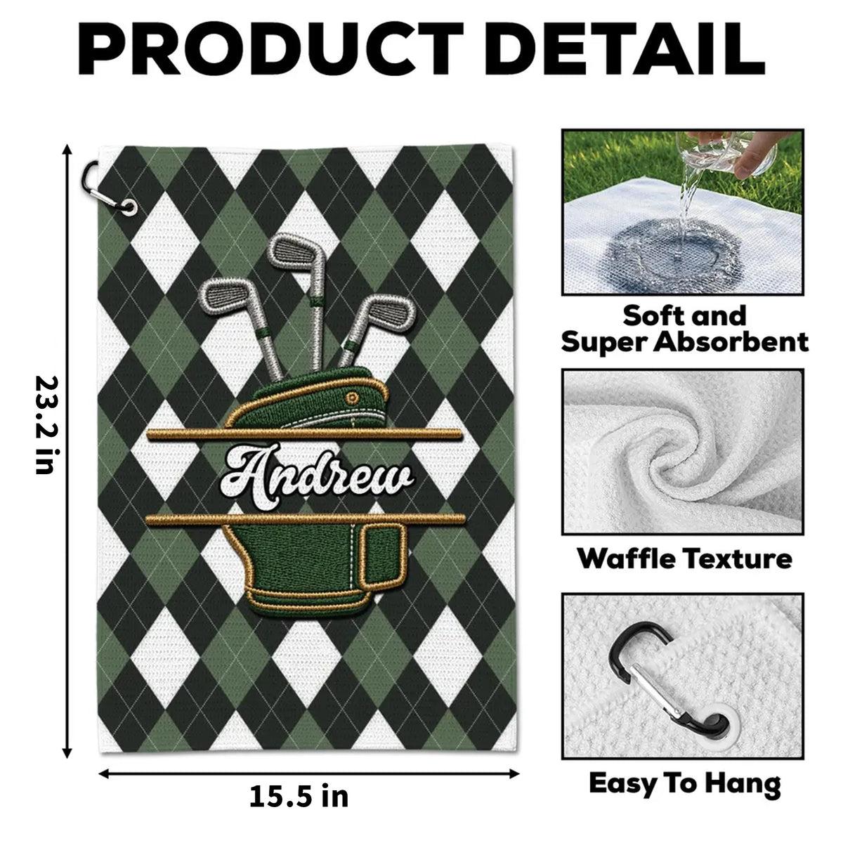 Personalized Golf Bag Towel, Embroidered-Look Waffle Weave Towel with Multiple Pattern Options