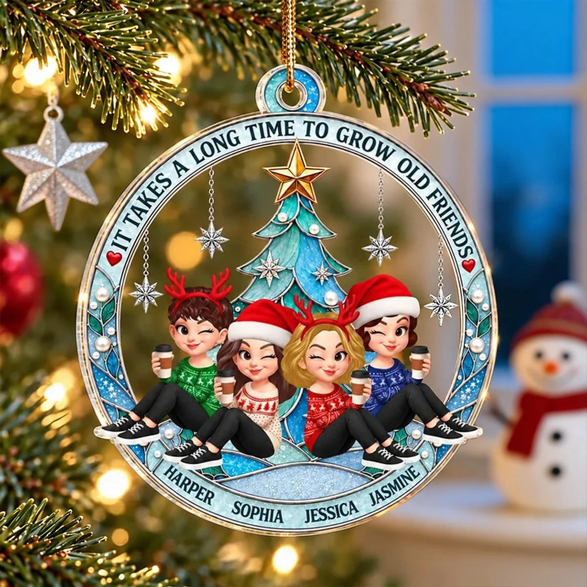 Personalized Acrylic Ornament, Seated Friends by a Turquoise Christmas Tree, Unique Gift for Best Friend