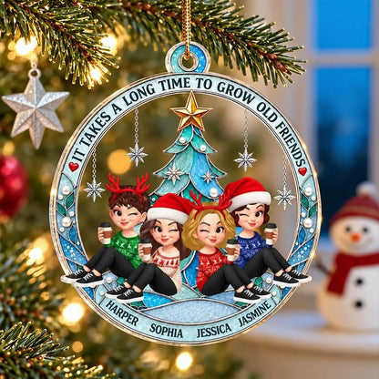 Personalized Acrylic Ornament, Seated Friends by a Turquoise Christmas Tree, Unique Gift for Best Friend