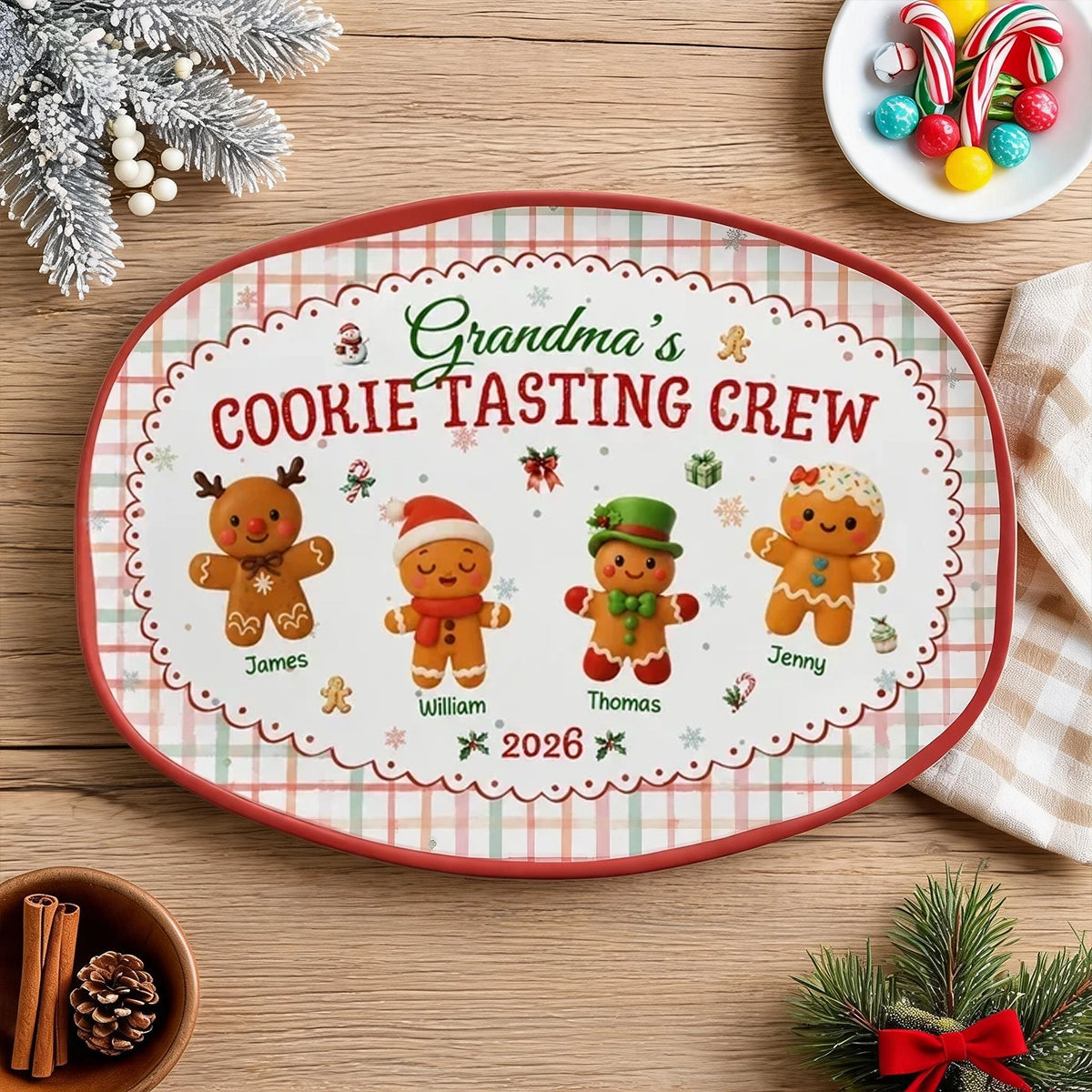 Grandma's Cookie Tasting Crew Grilling Plate, Personalized Plaid Keepsake, Creative Family Gift