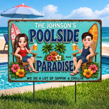 Rectangular Iron Sign, Custom Poolside Paradise With Lounging Couple, Unique Gift For Pool Lovers