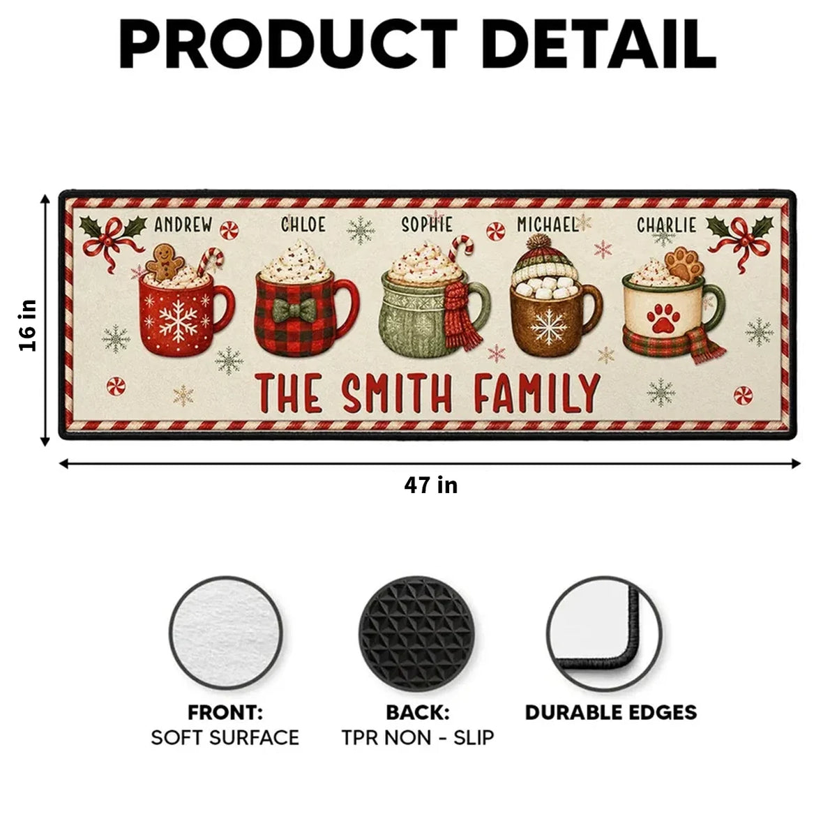 Personalized Standard Doormat with Red and Green Family Mugs, Unique Gift for Families and Pet Owners