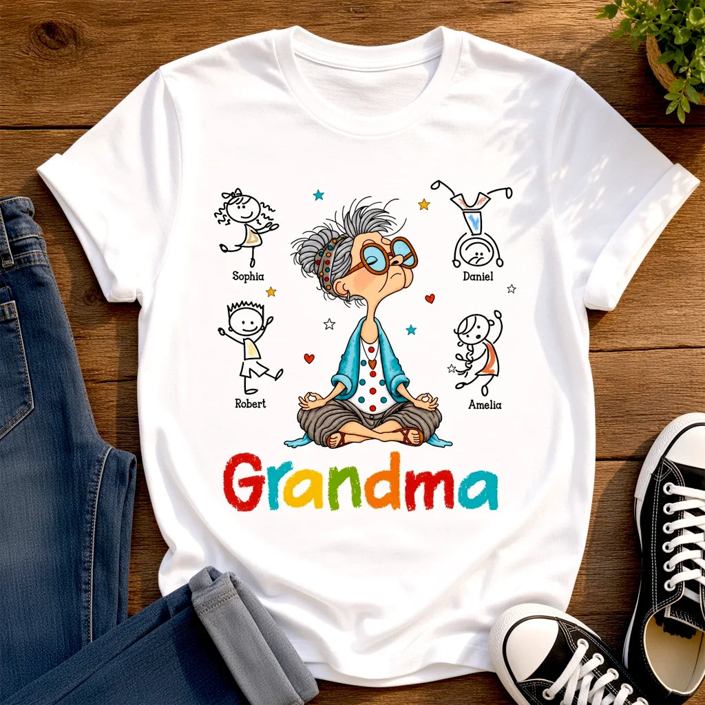 Personalized Grandma Classic Tee, Meditating Cartoon Grandkids Design, Unique Creative Gift for Grandma