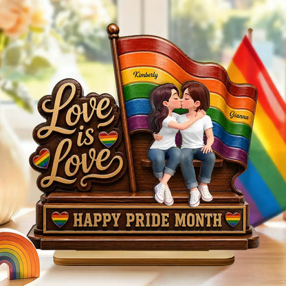 Personalized 2-Layer Wooden Plaque, LGBTQ Couple Kissing by Rainbow Flag, Unique Pride Month Gift