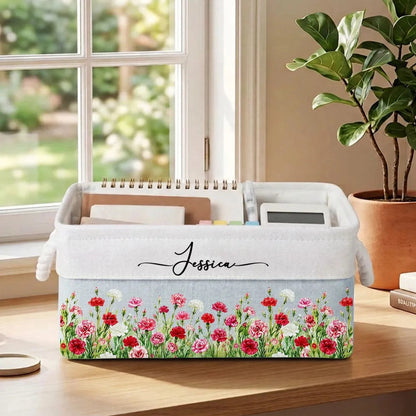 Cotton Linen Rope Basket With Soft Floral Garden Art, Unique Personalized Creative Gift For A Loved One