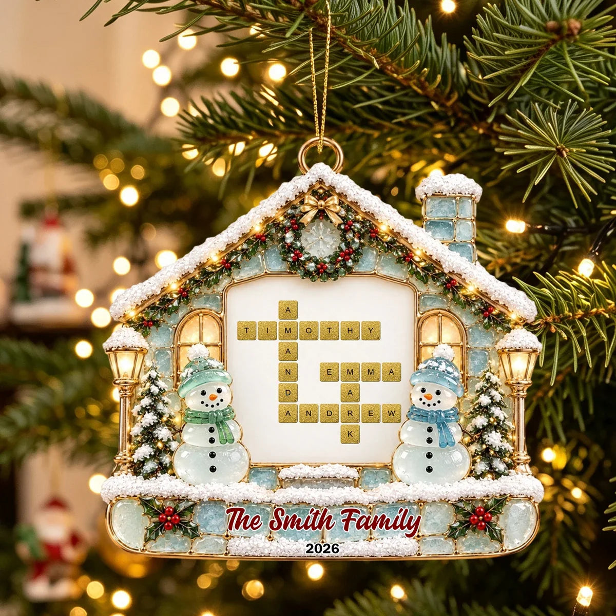 Personalized Acrylic Ornament, Family Name Crossword with Snowmen by a Snowy Cottage, Unique Gift for Family
