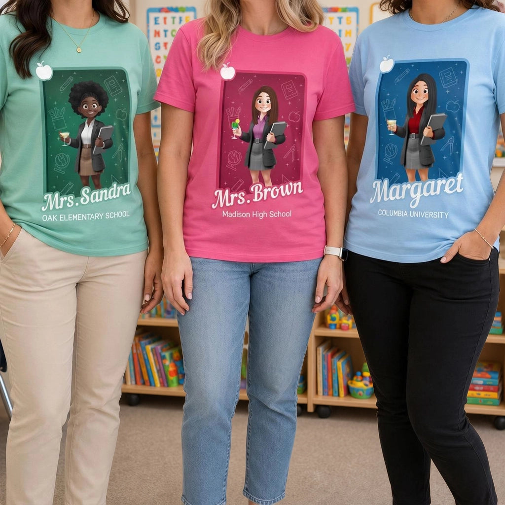 Personalized Printed Classic Tee, Cartoon Teacher Holding Books in Classroom, Unique Gift for Educators
