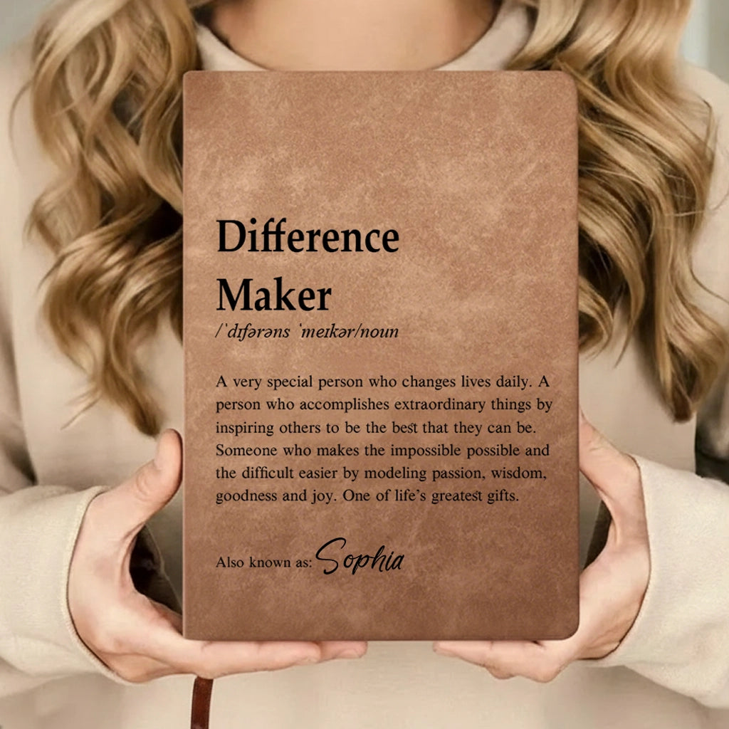 Personalized Leather Journal with Dictionary Style Difference Maker Quote, Unique Gift for Teacher or Mentor