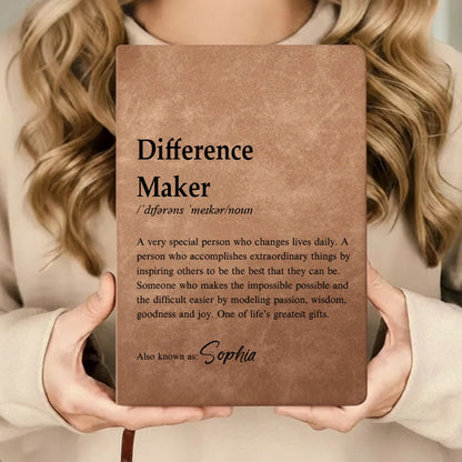 Personalized Leather Journal with Dictionary Style Difference Maker Quote, Unique Gift for Teacher or Mentor