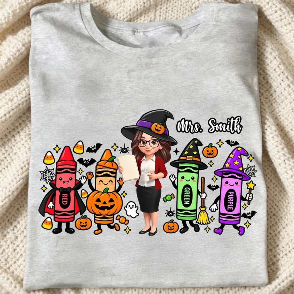 Classic Tee, Colorful Witchy Crayons & Teacher Holding a Lesson Sheet, Creative Halloween Gift for Teacher Friends