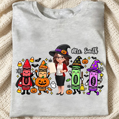 Classic Tee, Colorful Witchy Crayons & Teacher Holding a Lesson Sheet, Creative Halloween Gift for Teacher Friends