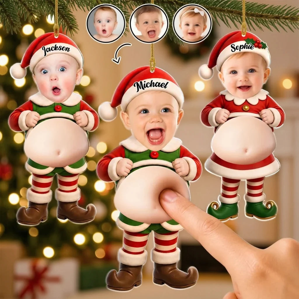 Personalized Silicone Belly Acrylic Ornament, Smiling Baby Elf by Christmas Tree, Unique Christmas Gift for Family