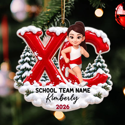 Acrylic Ornament, Cartoon Runner with Red XC Design & Snowy Pines, Creative Holiday Gift for Running Enthusiasts