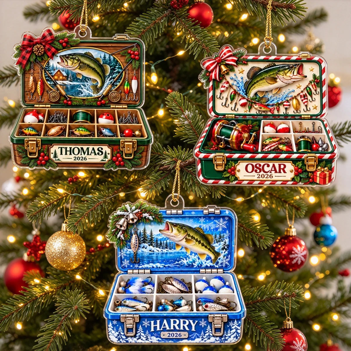 Fishing Memories Acrylic Ornament, Personalized Bass and Lure Scene, Creative Christmas Gift for Dad