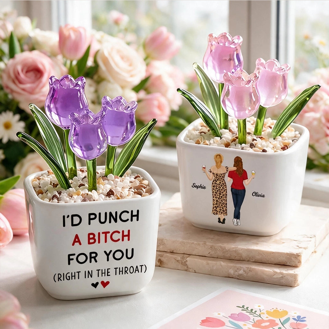 Personalized Square Glass Planter with Pink & Purple Tulips, Arm in Arm Friends, Unique Gift for Best Friend